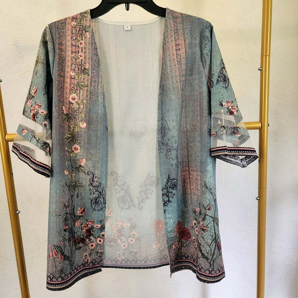 Floral Print Sage Open Front Cardigan Unbranded Size S